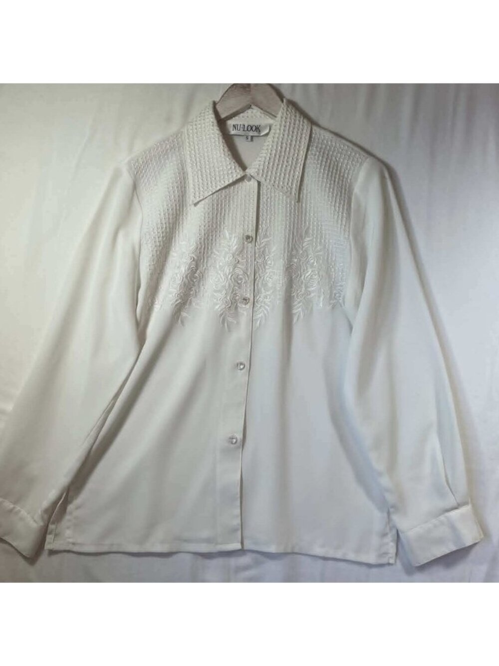 NU-LOOK White Floral Embroidered Long Sleeve Button Up Blouse Vintage 90s S